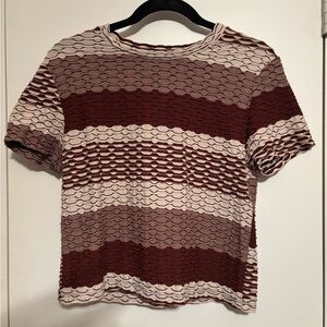 Zara Burgundy and Cream Textured Short Sleeve Top